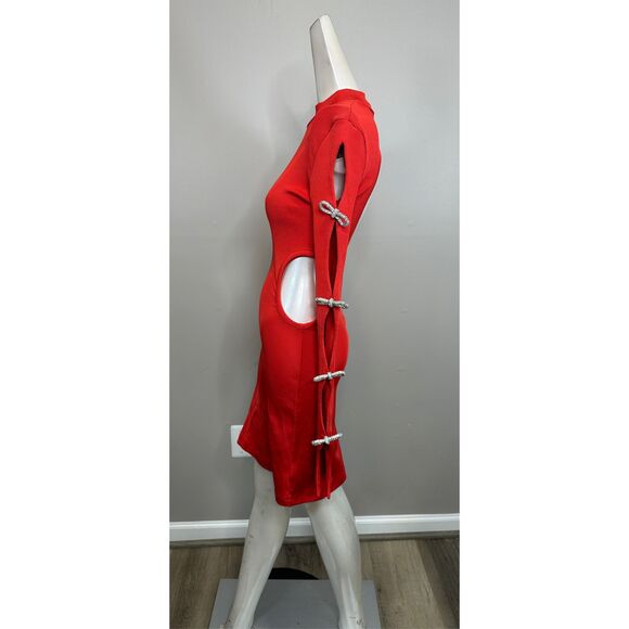 Mach & Mach bow-embellished cut-out ribbed-knit mini dress US6 $1475 - Picture 7 of 12